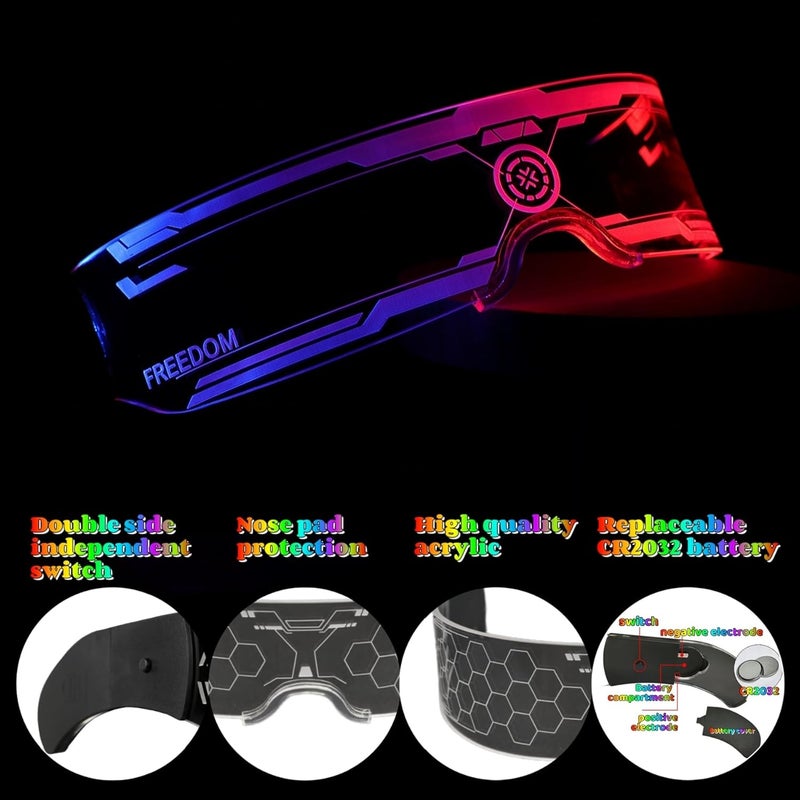 Xgood LED Glasses w/Bilateral 7 Colors & 4 Modes Futuristic Neon Sunglasses Cyberpunk Glasses for Rave Parties and Cosplay - Image 3